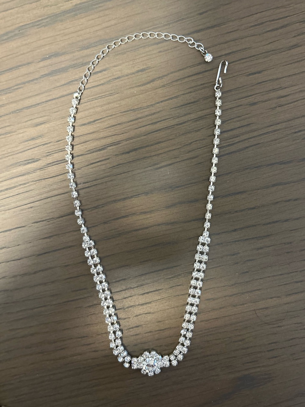 Silver Crystal Tennis Necklace with Floral Centerpiece